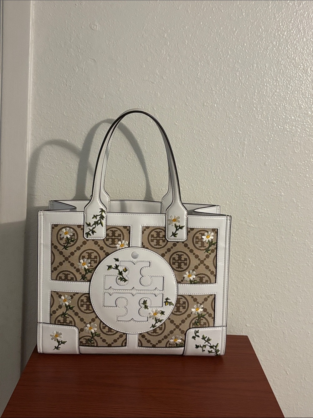 Tory Burch White Trim Floral Logo Canvas Tote